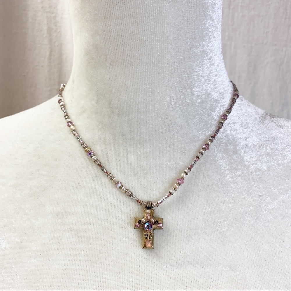 Michal Golan Gold Plated Brass Pink Crystal Cross Necklace